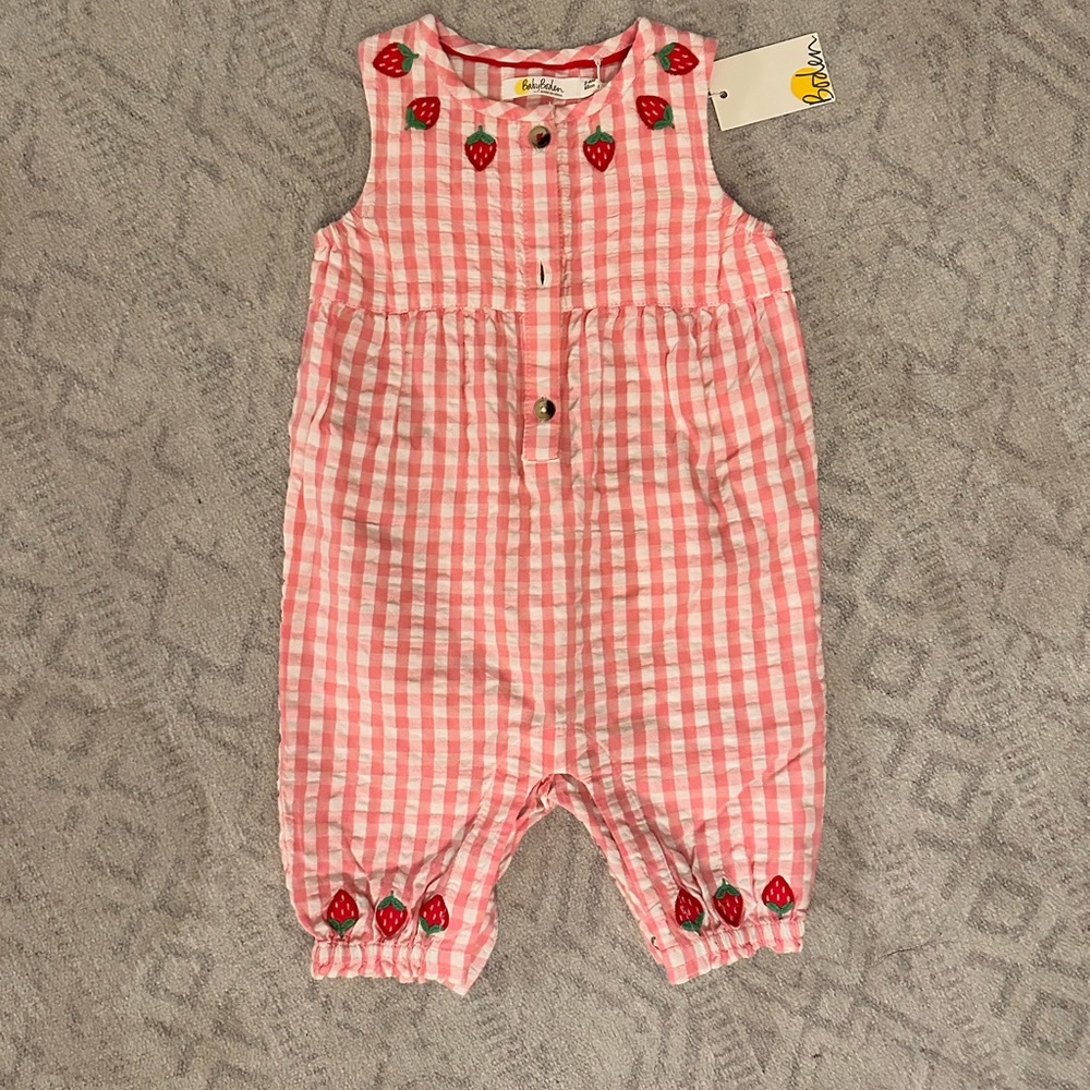 NWT Baby Boden Pink Gingham Strawberry Romper
